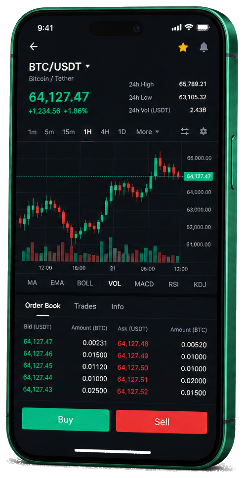 Platforma handlowa Piorun Kapitura na smartfonie — wykres BTC/USDT na żywo, księga zleceń i panel kupna oraz sprzedaży